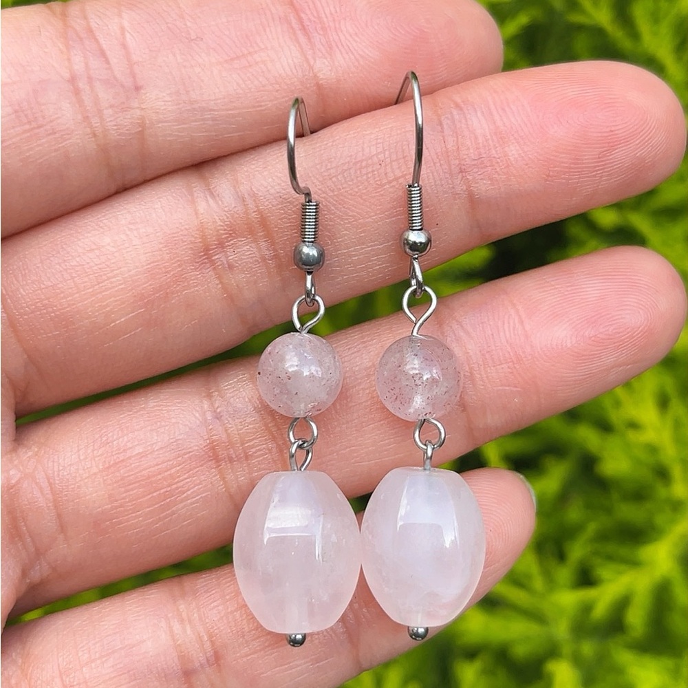 Stainless steel rose quartz‎ strawberry Quartz drop earrings